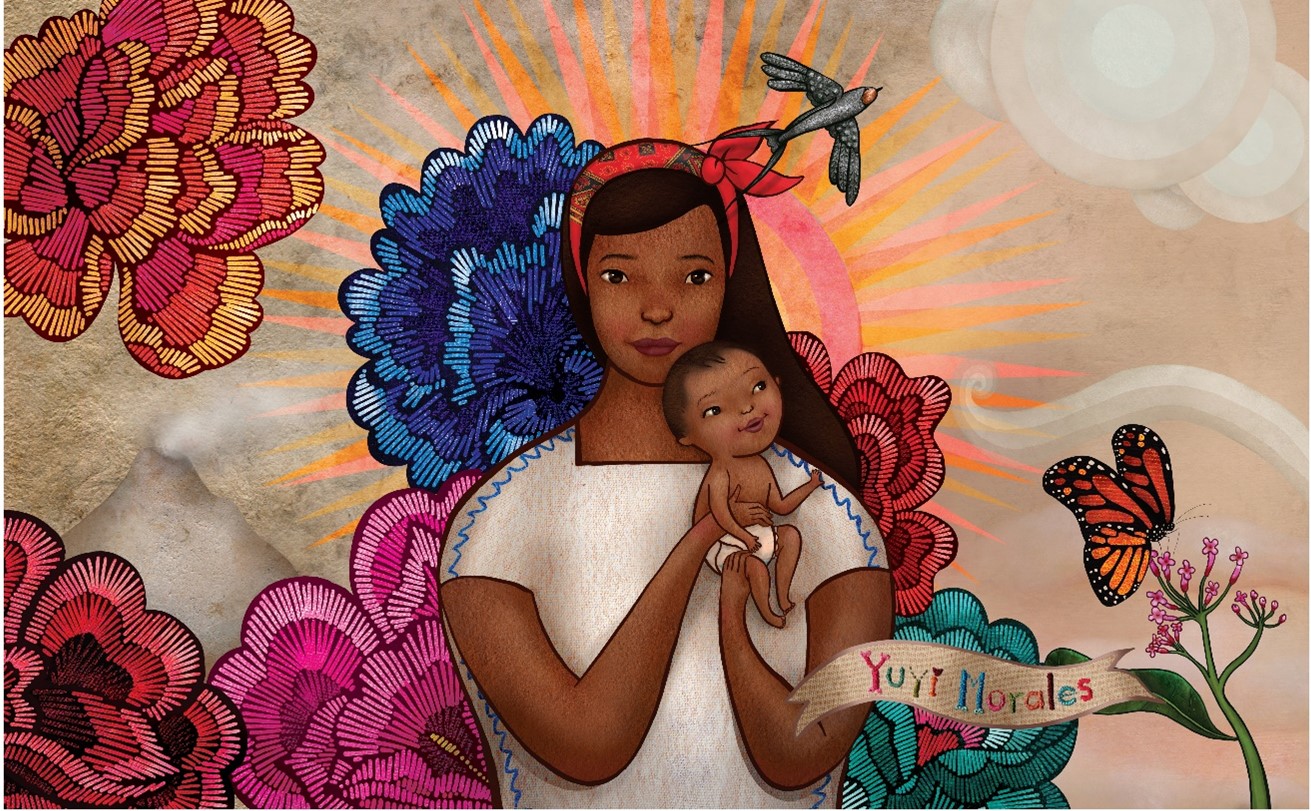 This is an image from the book "Dreamers" by Yuyi Morales. It shows a woman holding a baby with flowers surrounding them and the sun shining in the background.