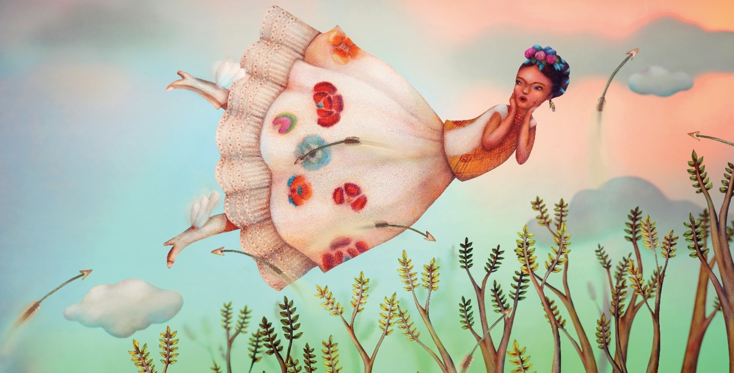 This is an image from the book "Viva Frida" by Yuyi Morales, featuring artist Frida Kahlo in air, seemingly in a dream