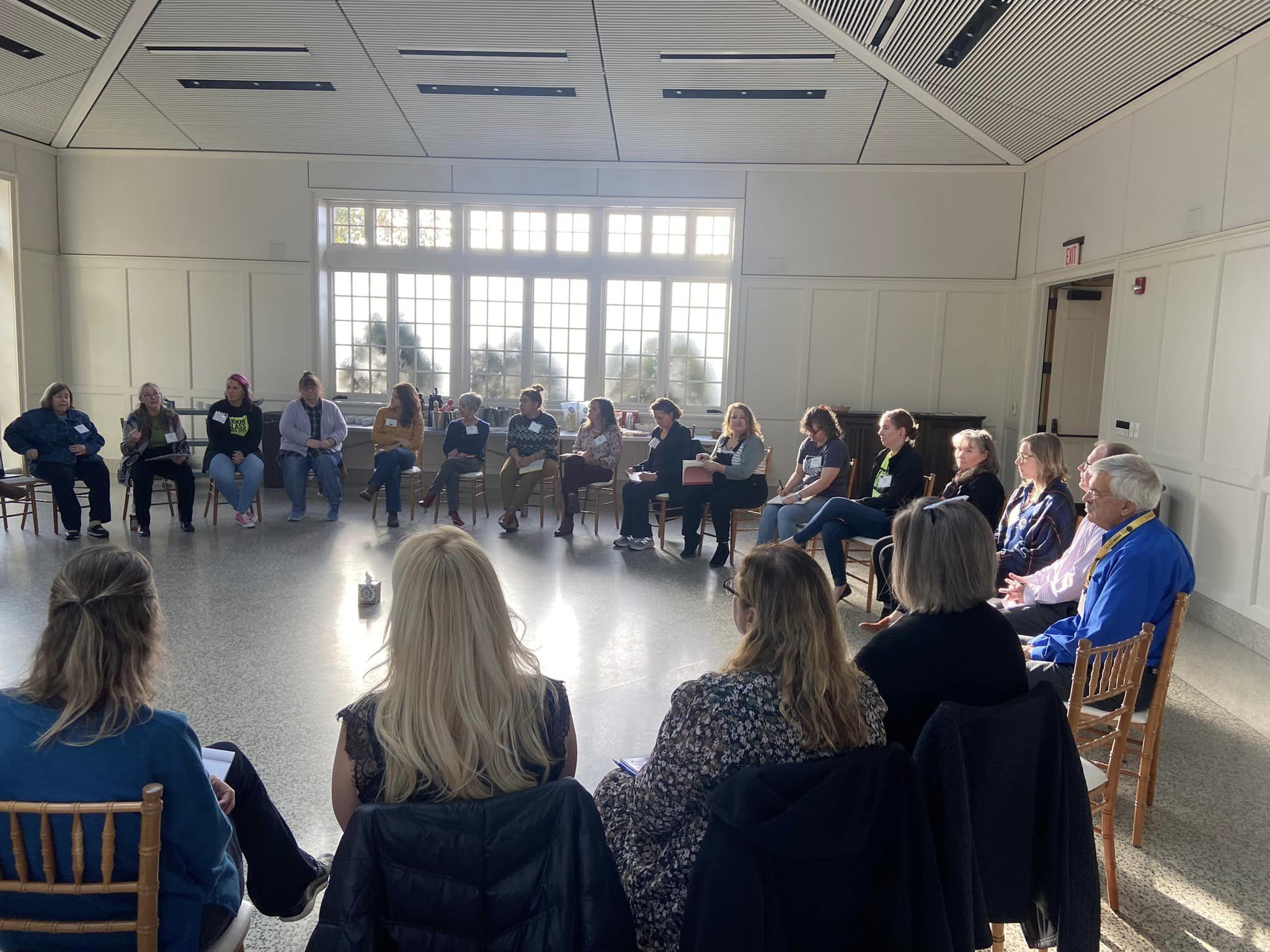 Our Circle Practice from day two of the SPARK! Retreat, featuring our grounding object, a box of much needed tissues.