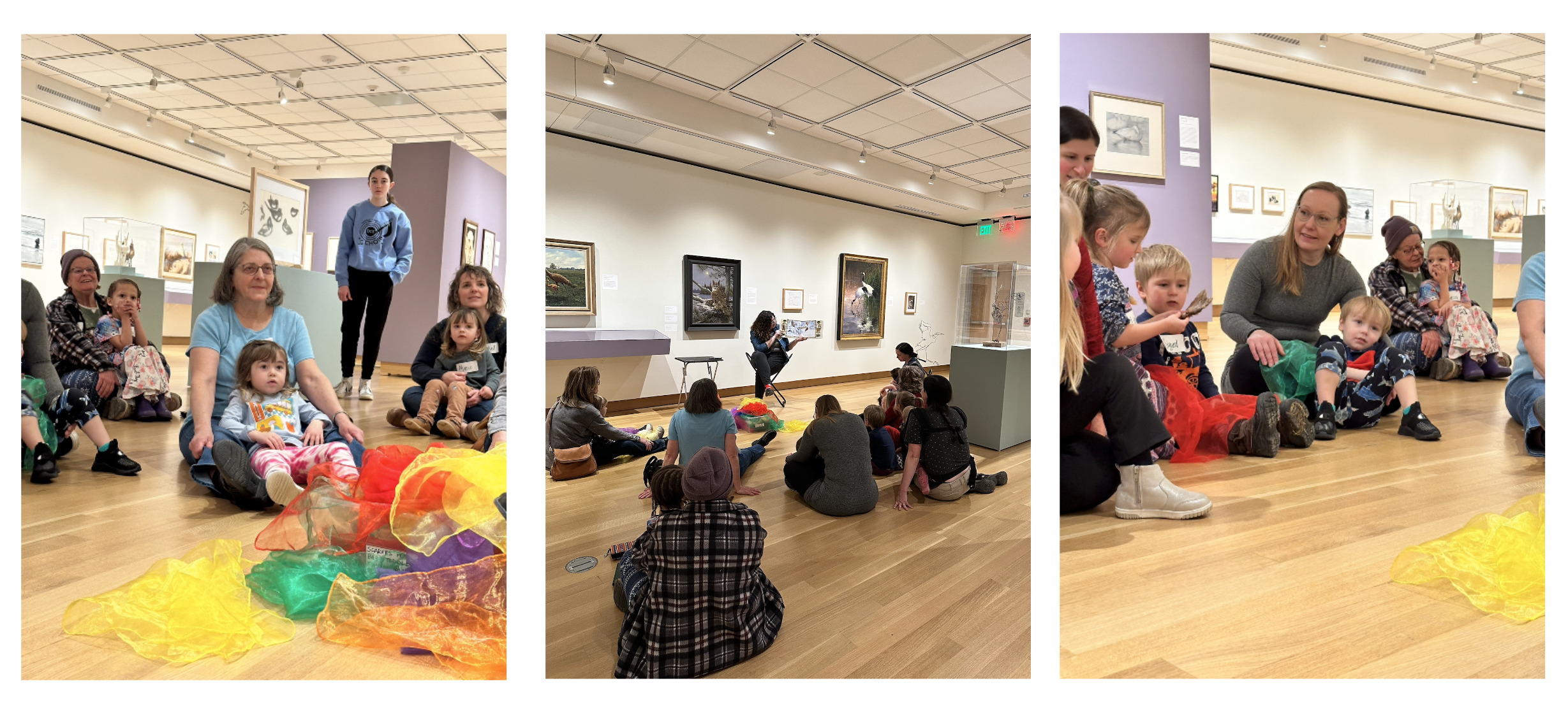 Toddlers and parents enjoy time in the gallery with tour props, scarves to dance with, and story time.