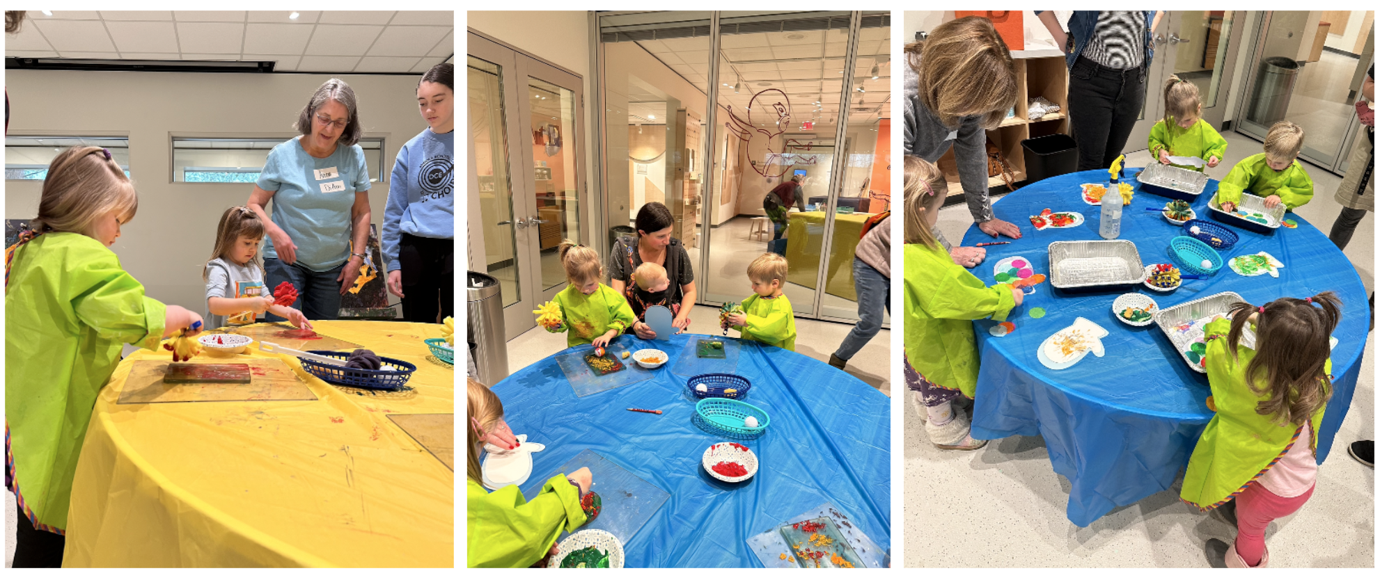 Toddlers and adults explore print making through bleeding tissue paper and Gelli printing during the December Creative Explorers.