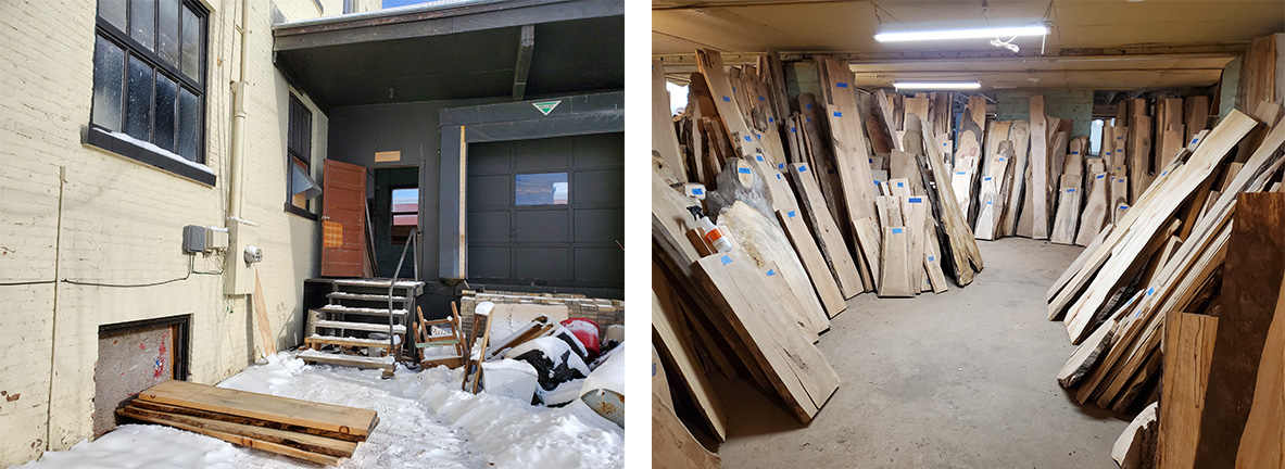 Two images side by side left is of a warehouse with boards wooden boards on the snow and the right is of dozens wood slabs in a basement stacked and leaning against the wall