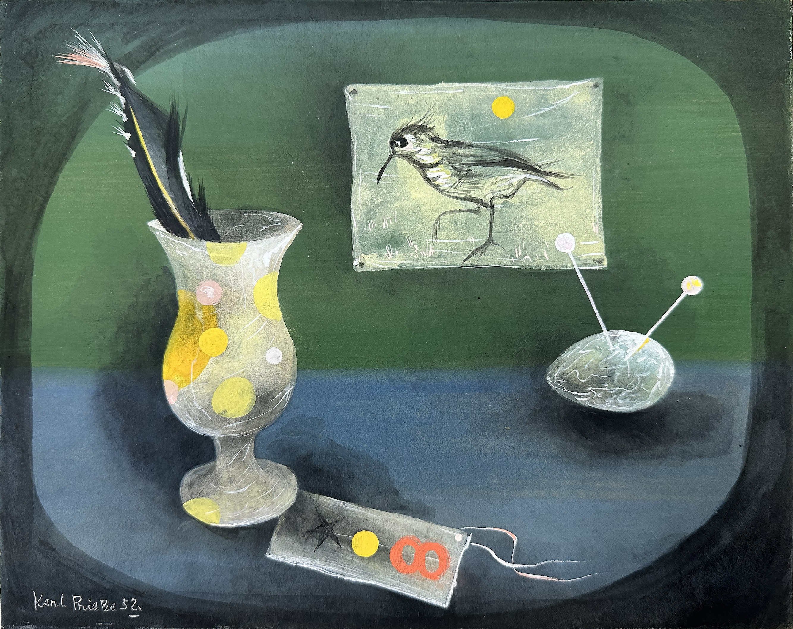 A cup with a bird feather, egg with two knitting needles, small label with the number 8 and a star appear on a desk. A pinned picture of a black and white bird appears behind.