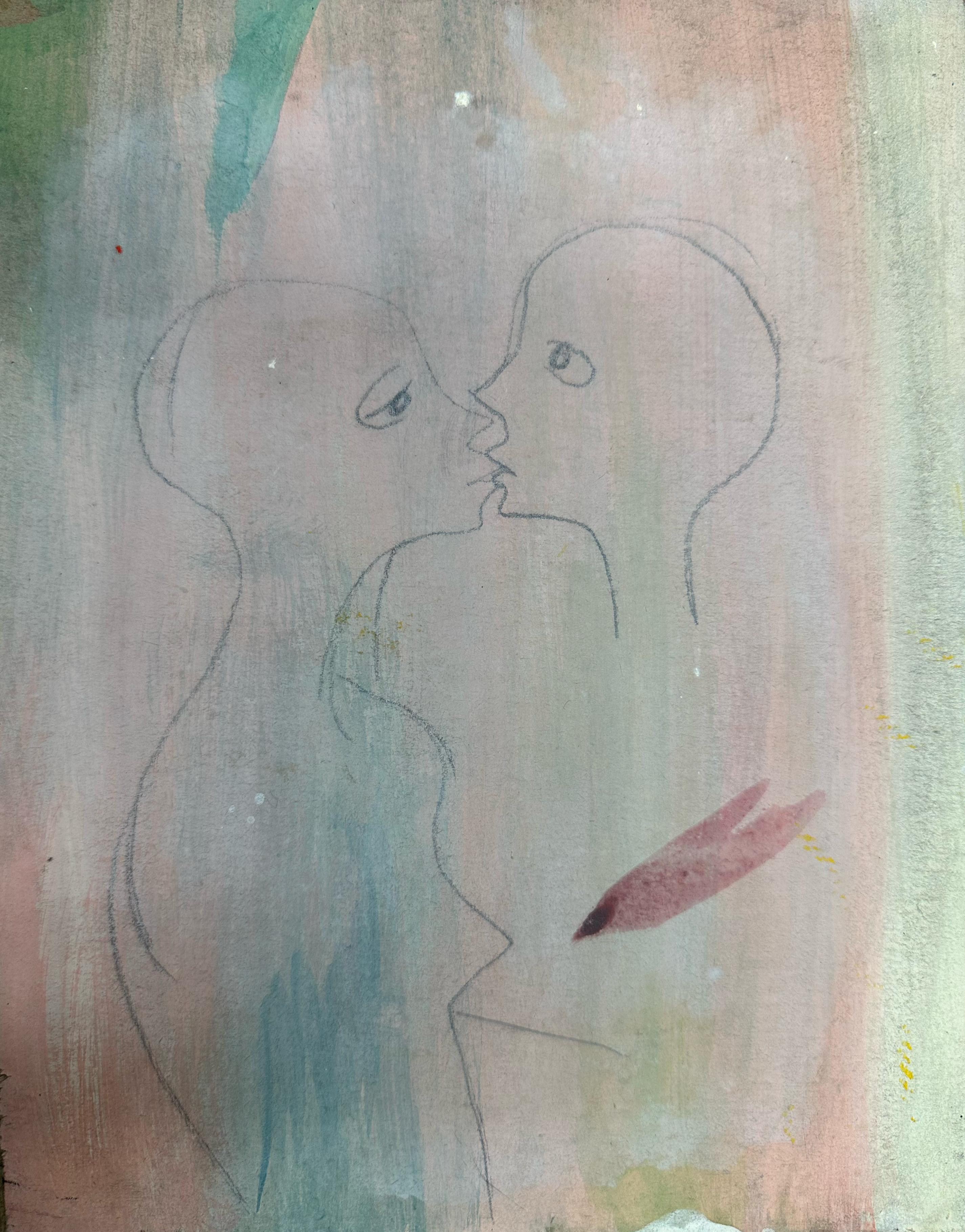 Two figures in outline kissing against an abstract background.