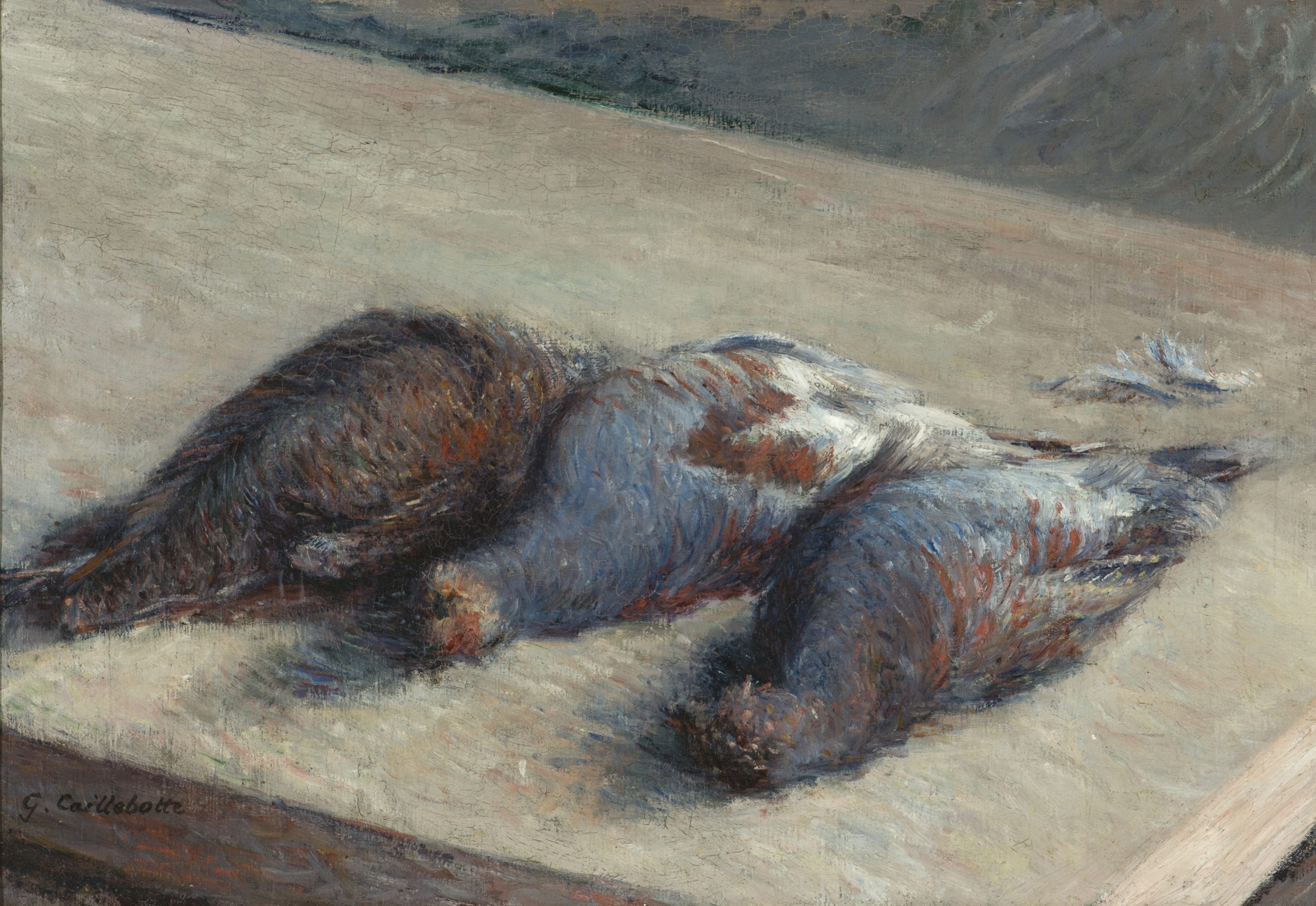 Three dead partridges lay on a table near to the edge of a table. The painting is notably cropped to focus on the birds.