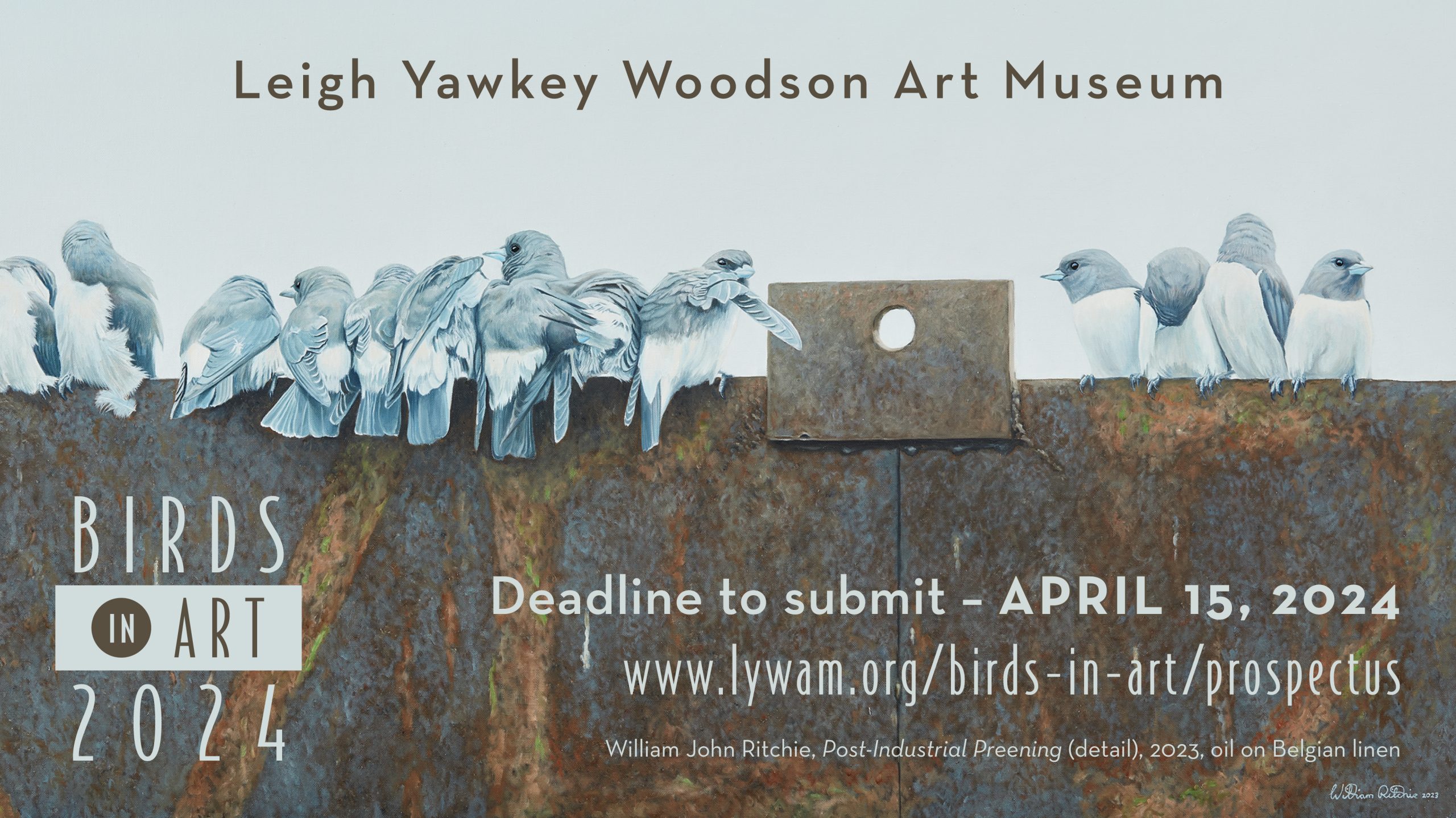 Ad for submitting to birds in art, deadline to submit April 15, artwrok of birds sitting on post