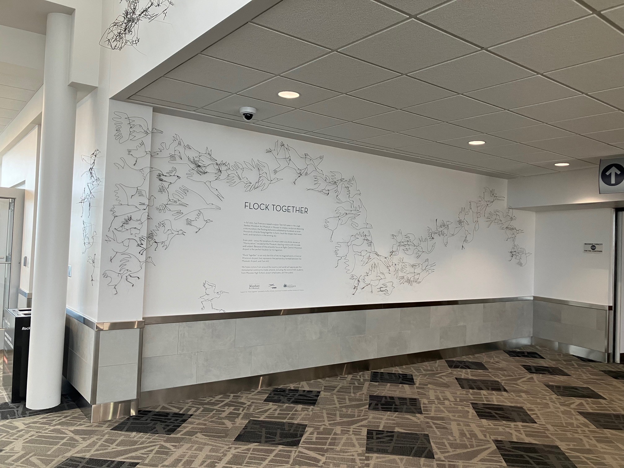 This image shows the sculpture entitled "Flock Together" at Central Wisconsin Airport. There are several wire birds flying together in a pattern