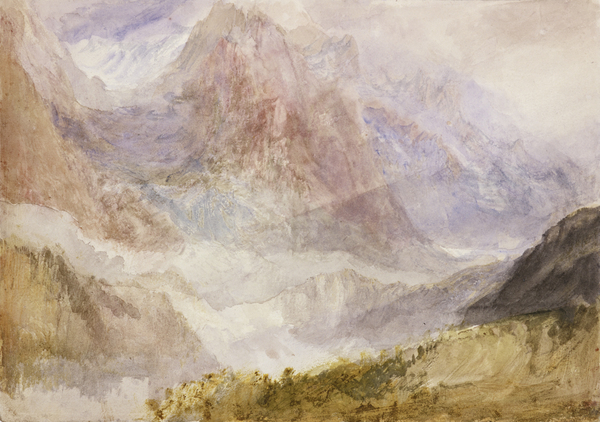 A mountain range seen from a birds eye view painted in watercolor.
