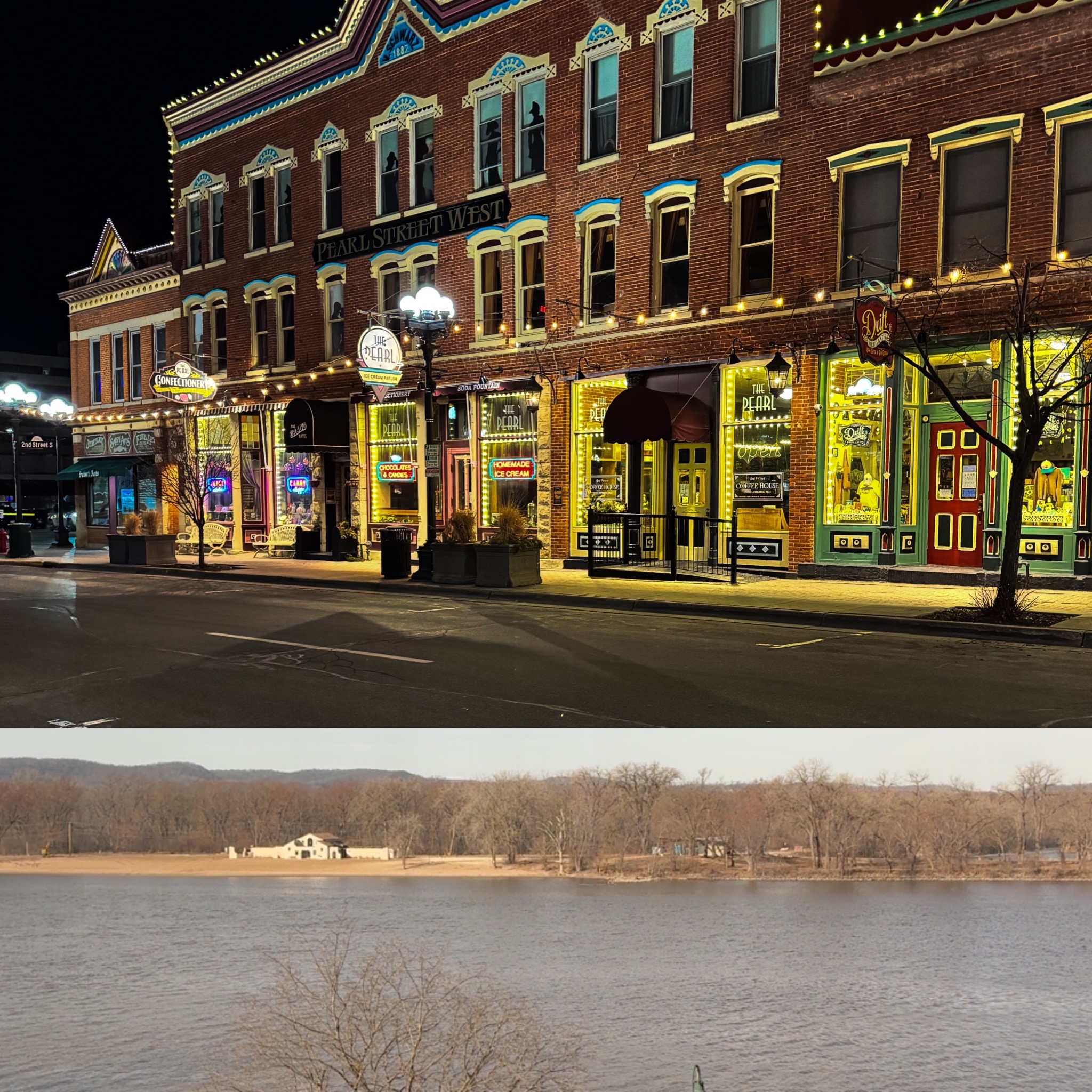 A nighttime image of a street in La Crosse with old buildings and lots of lights, and an image of the Mississippi river from afar.