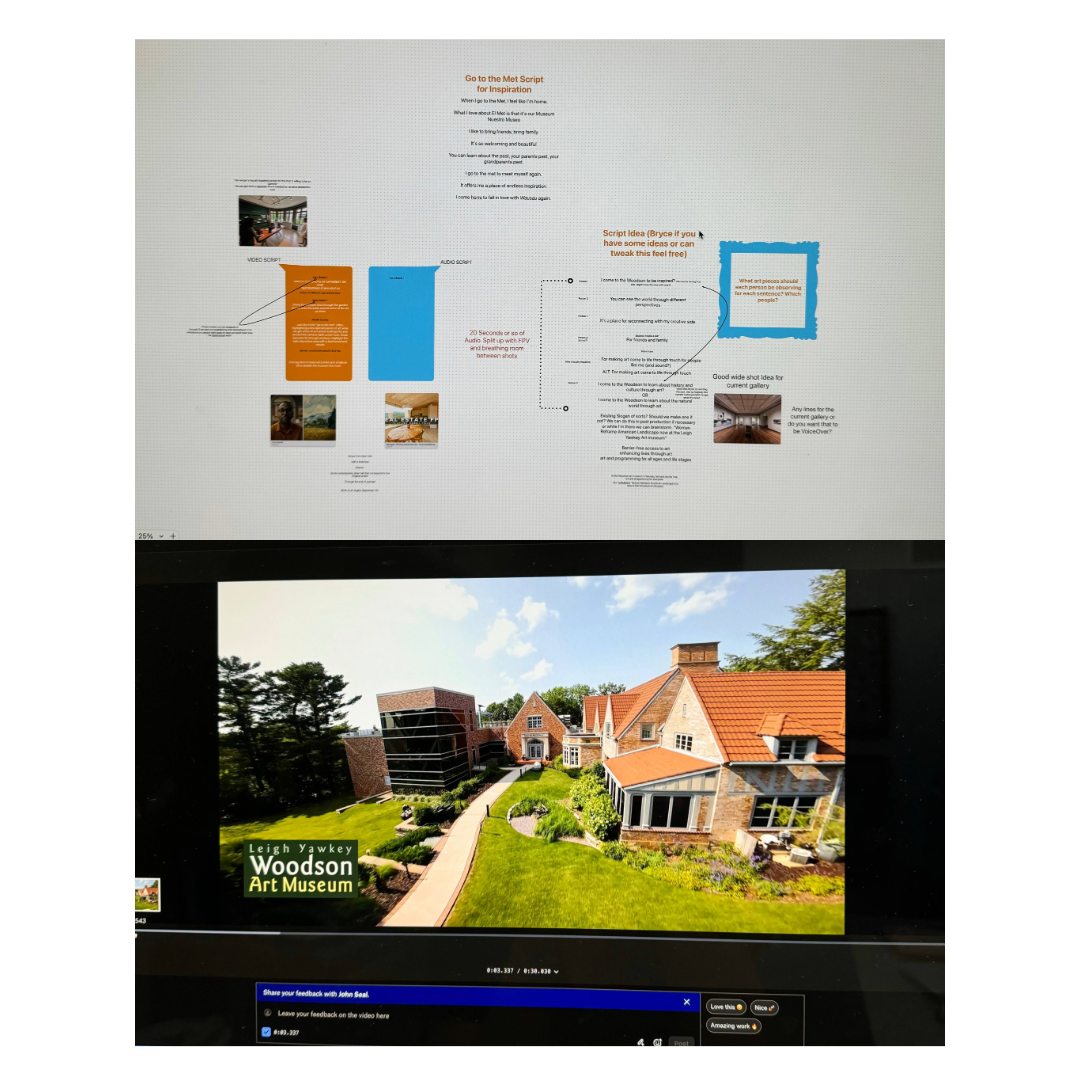 Above is a screenshot of the storyboard created to plan the commercial shoot. Below is a screenshot of a scene from the commercial during the editing process. The scene is the drone footage of outside the front entrance to the museum.