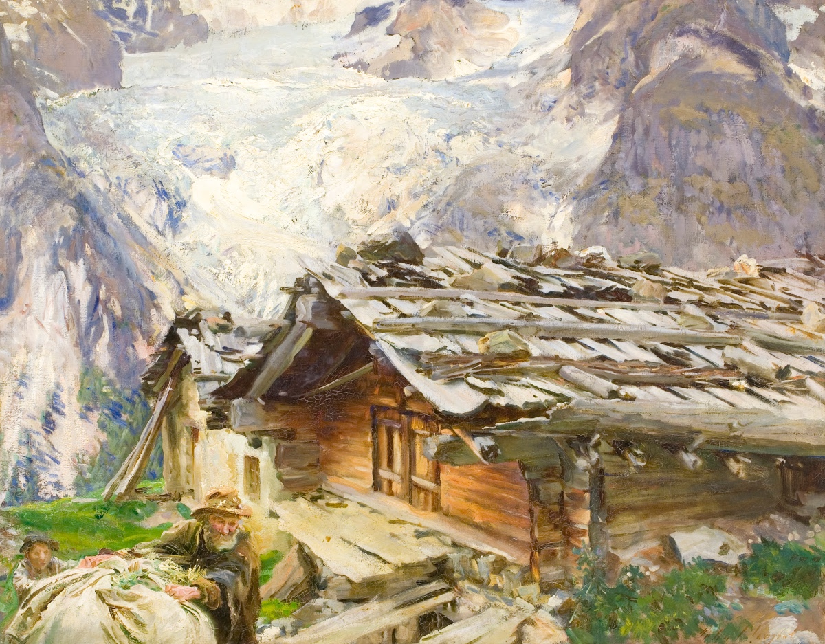 A cabin in the mountains with a man and child in the foreground and a large glacier behind them.