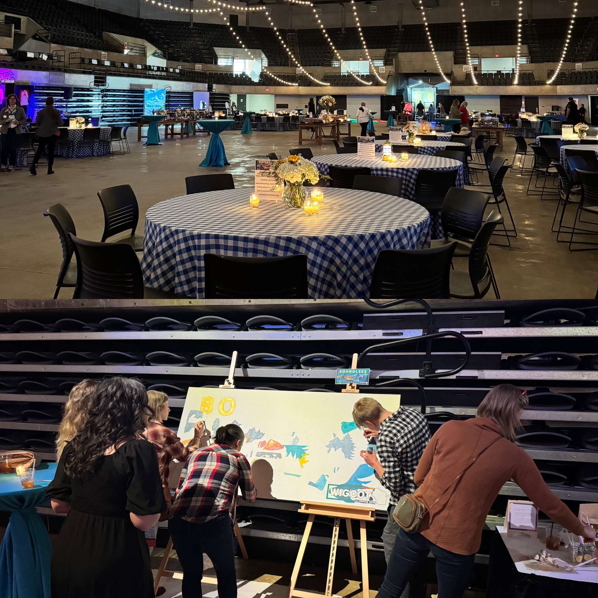 Image of a large room with tables and outdoor string lights, and a close-up of people working on a collaborative "paint-by-numbers" mural.