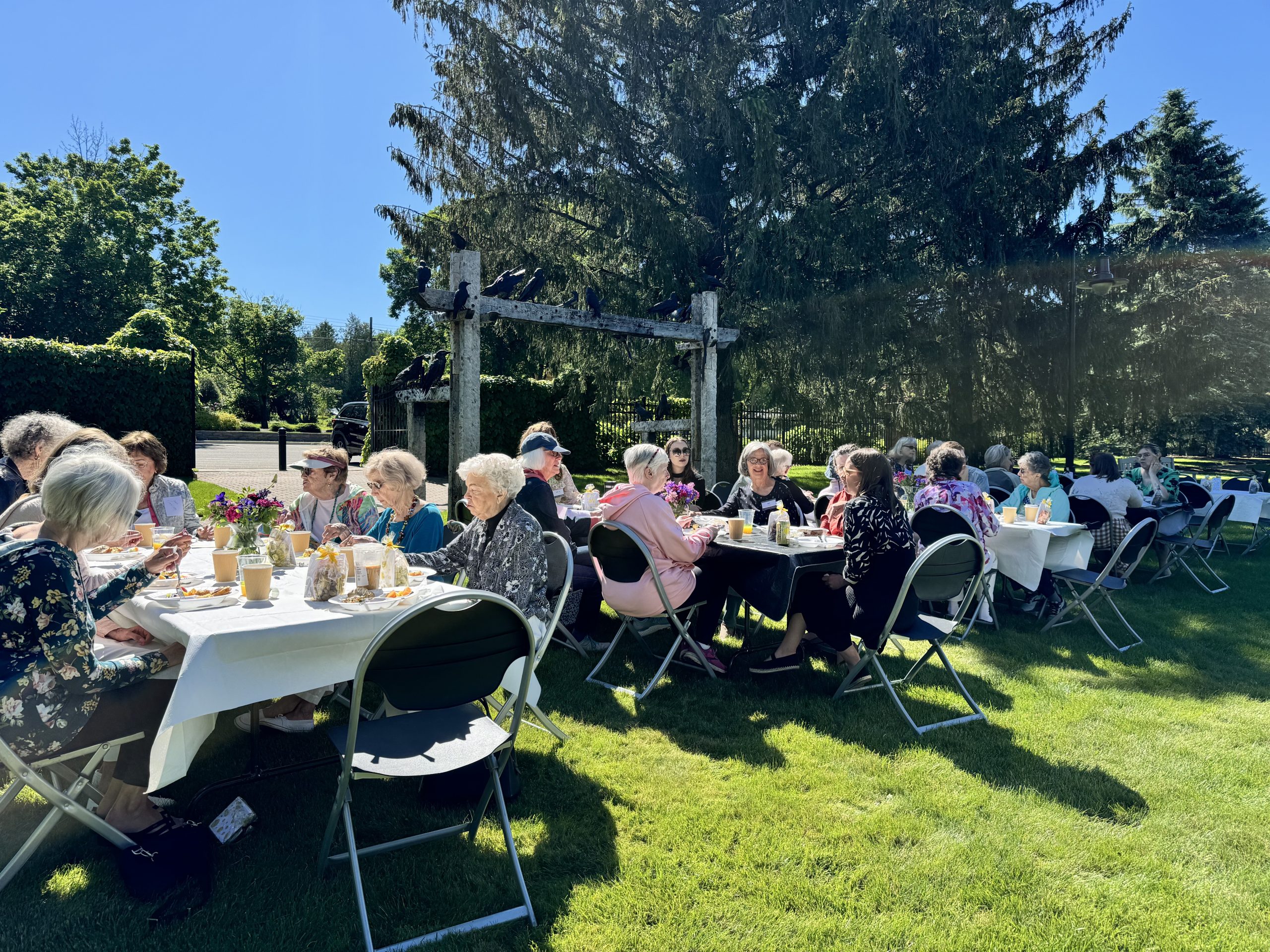 People sit happily at tables in the Museum's Sculpture Garden underneath a bright, blank blue sky where the sun is shining bright