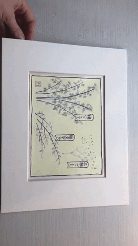 A gif of an artwork package being opened from front to back showing both sides of the paper.
