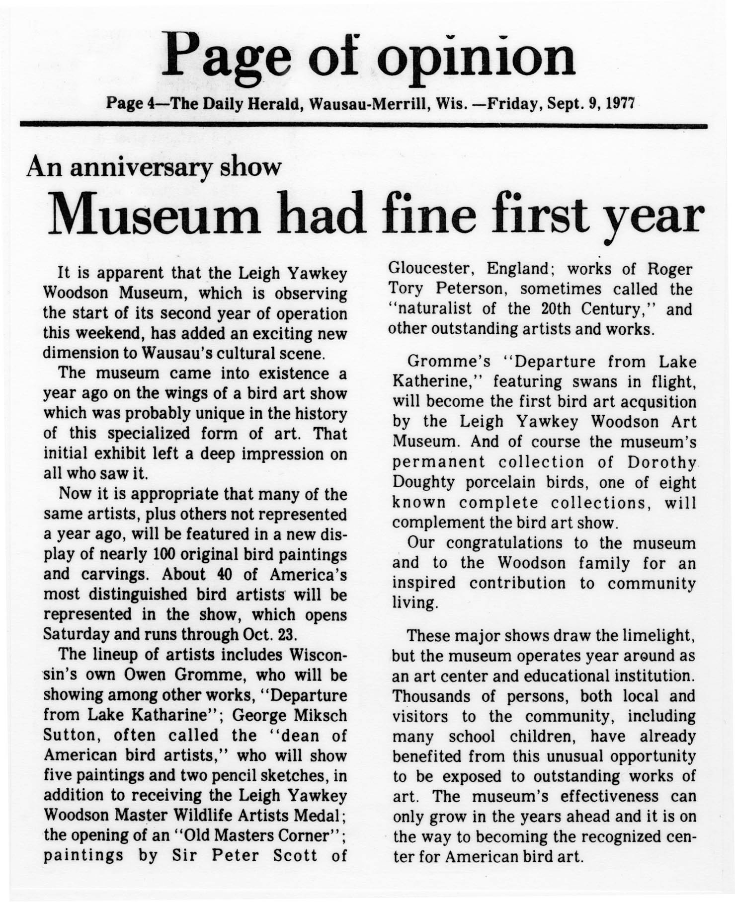 Newspaper clipping from 1977, headline reads "Museum had fine first year"