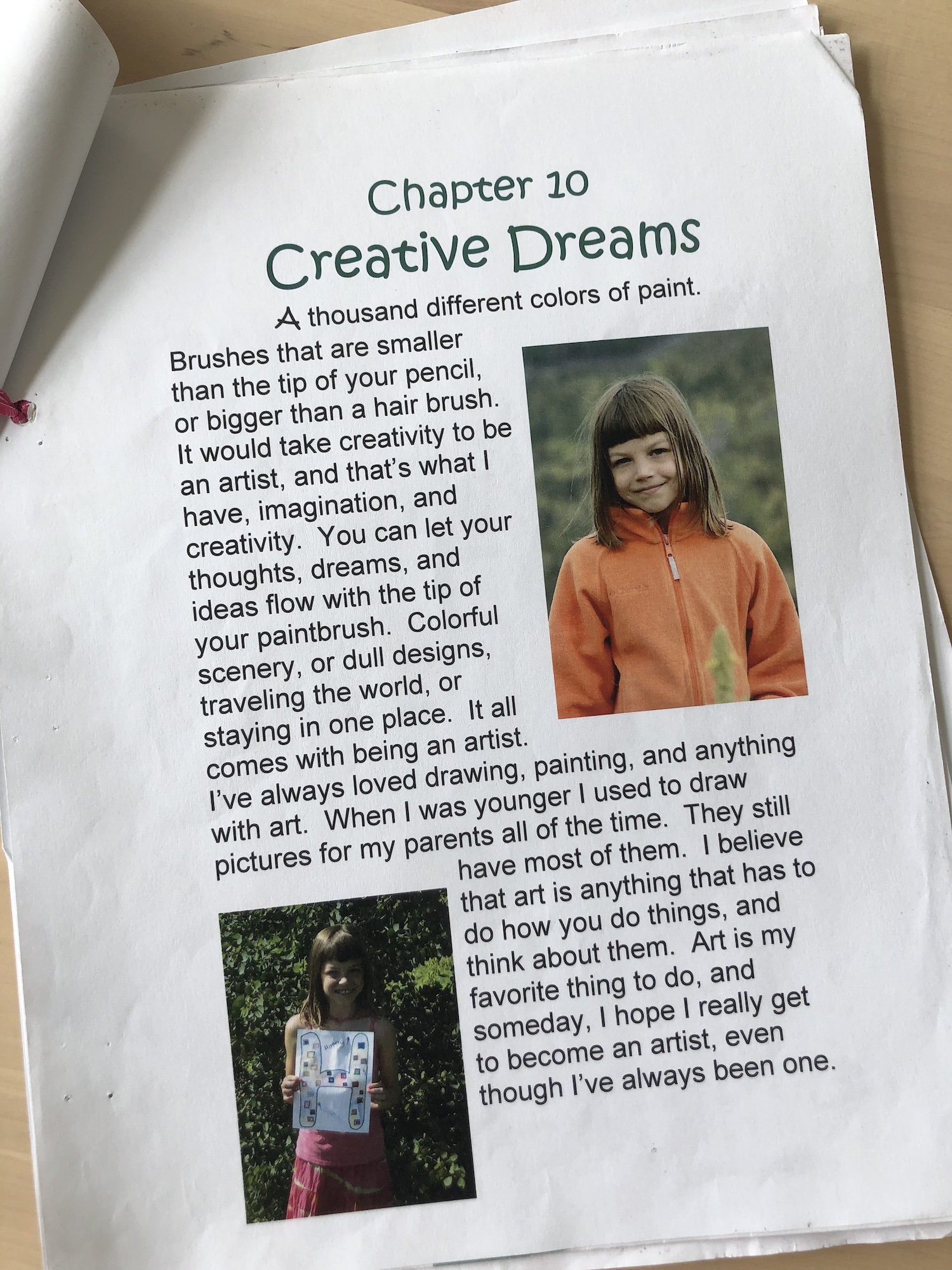 Two pictures of Allison as a child with a paragraph of writing displayed on a piece of paper that says "Creative Dreams" at the top